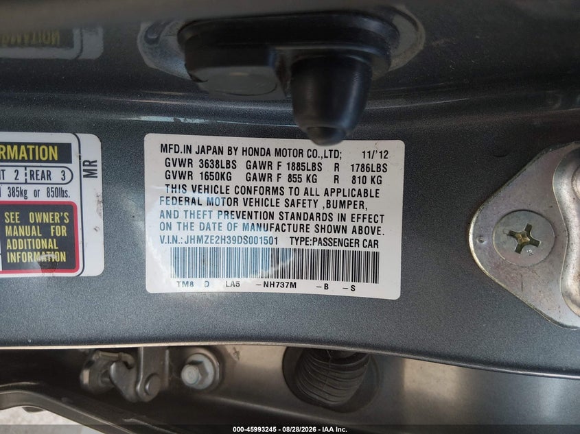 HONDA INSIGHT 2013 VIN JHMZE2H39DS001501