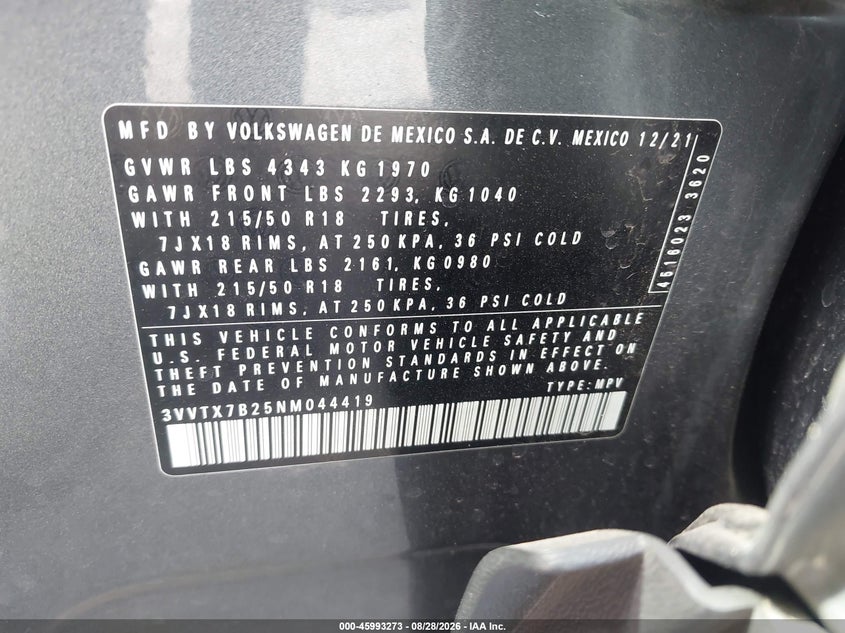 VOLKSWAGEN TAOS 2022 VIN 3VVTX7B25NM044419