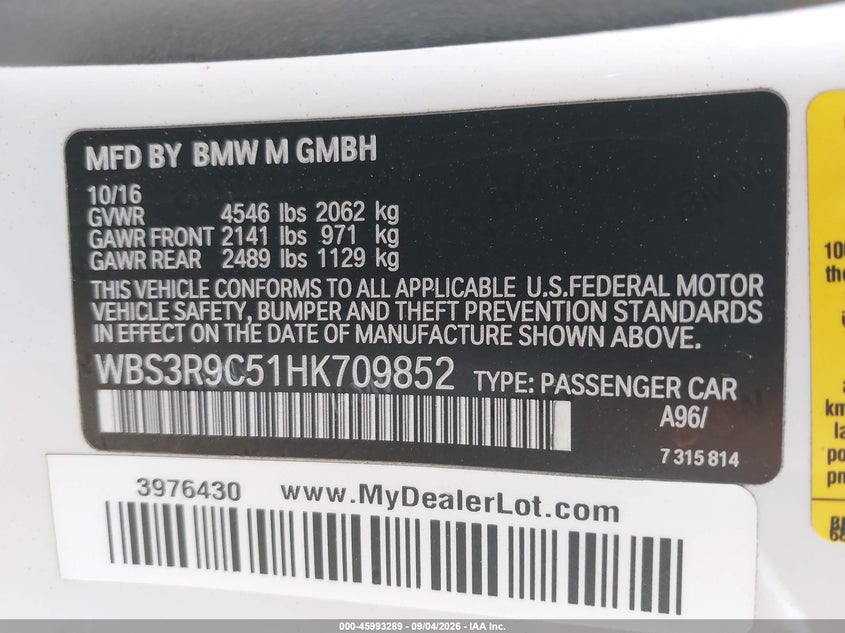 BMW M4 2017 VIN WBS3R9C51HK709852