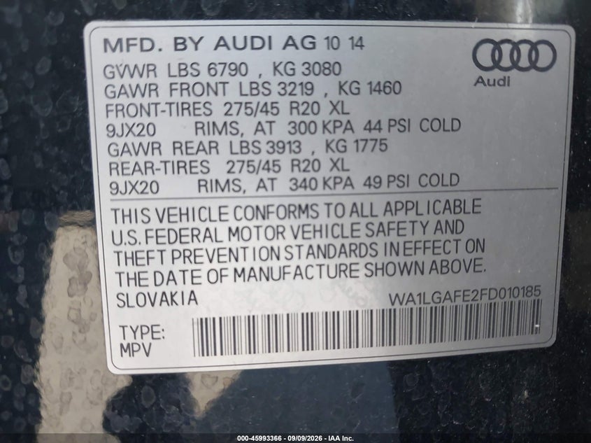 AUDI Q7 2015 VIN WA1LGAFE2FD010185