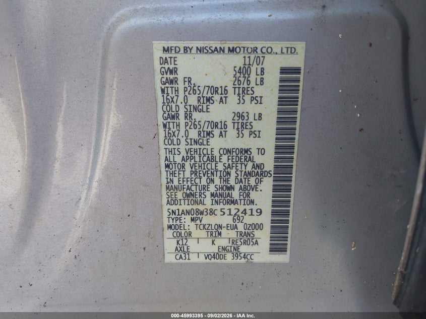 NISSAN XTERRA 2008 VIN 5N1AN08W38C512419