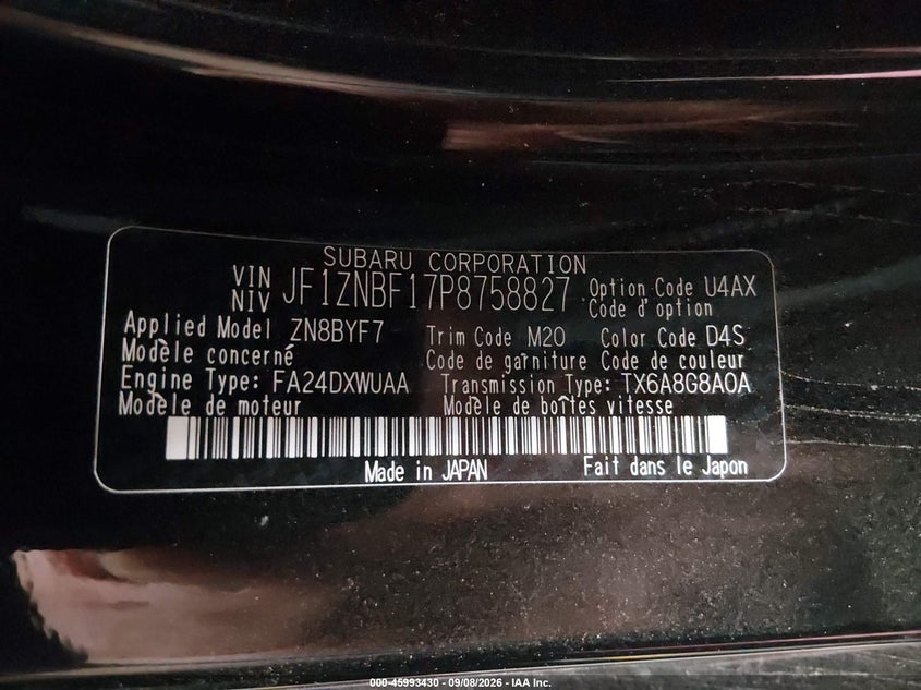 TOYOTA GR86 2023 VIN JF1ZNBF17P8758827