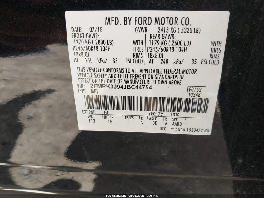 FORD EDGE 2018 VIN 2FMPK3J94JBC44754
