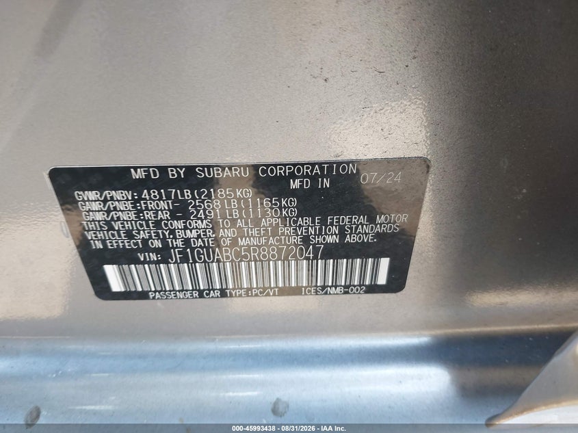 Vin: jf1guabc5r8872047, lot: 46492763, subaru impreza base 5-door 2024 img_1