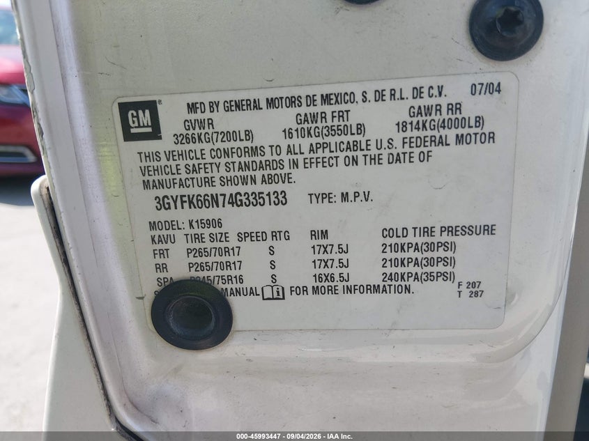 CADILLAC ESCALADE ESV 2004 VIN 3GYFK66N74G335133