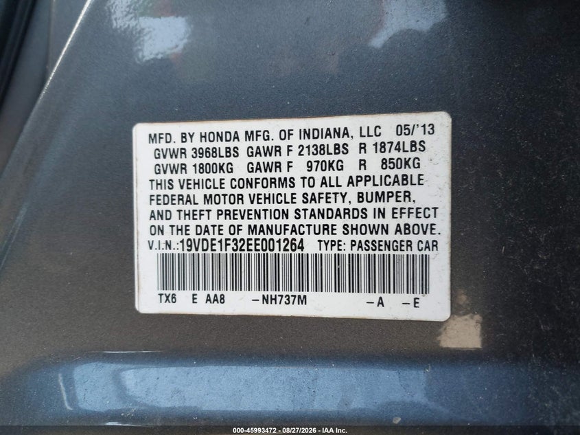 ACURA ILX 2014 VIN 19VDE1F32EE001264