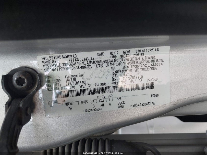 FORD FOCUS 2012 VIN 1FAHP3M20CL344674