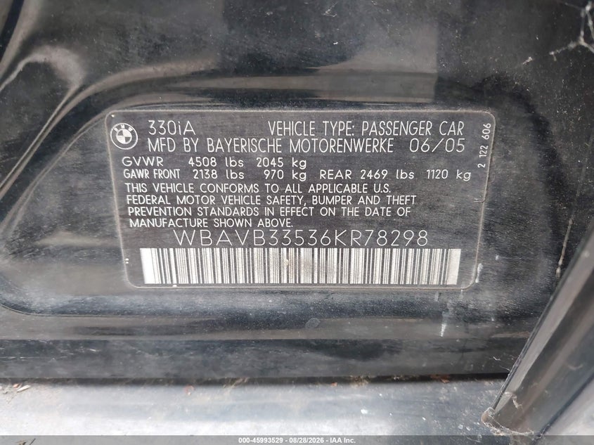 2006 BMW 3ER SEDAN 3.0L I-6 DOHC, VVT, PREMIUM , 255HP