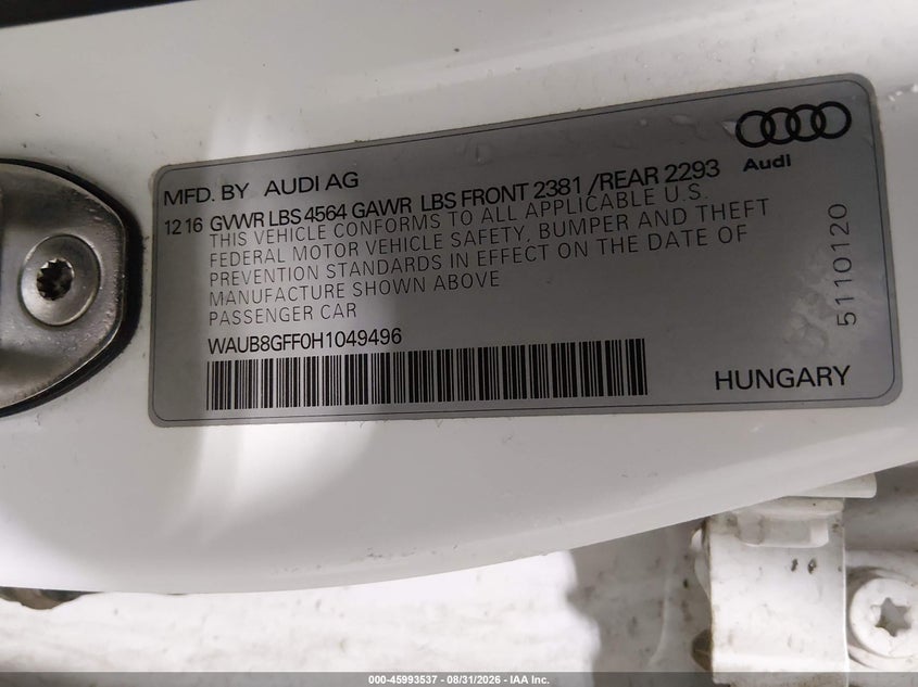 AUDI A3 2017 VIN WAUB8GFF0H1049496