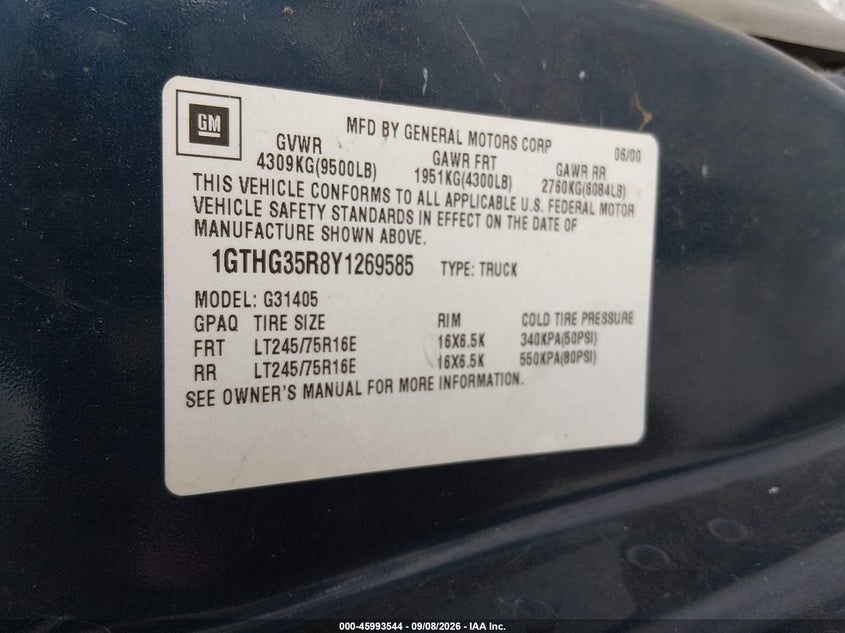 GMC SAVANA 2000 VIN 1GTHG35R8Y1269585