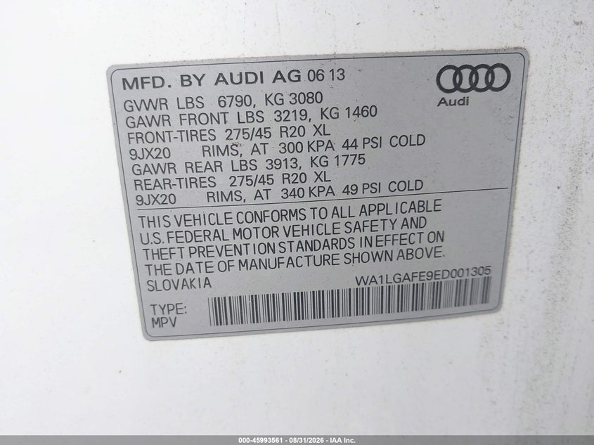 AUDI Q7 2014 VIN WA1LGAFE9ED001305