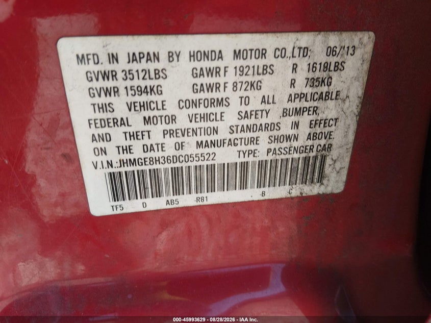 HONDA FIT 2013 VIN JHMGE8H36DC055522