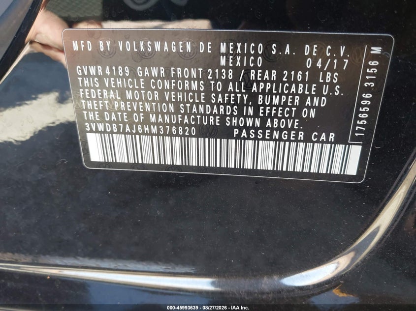 VOLKSWAGEN JETTA 2017 VIN 3VWDB7AJ6HM376820