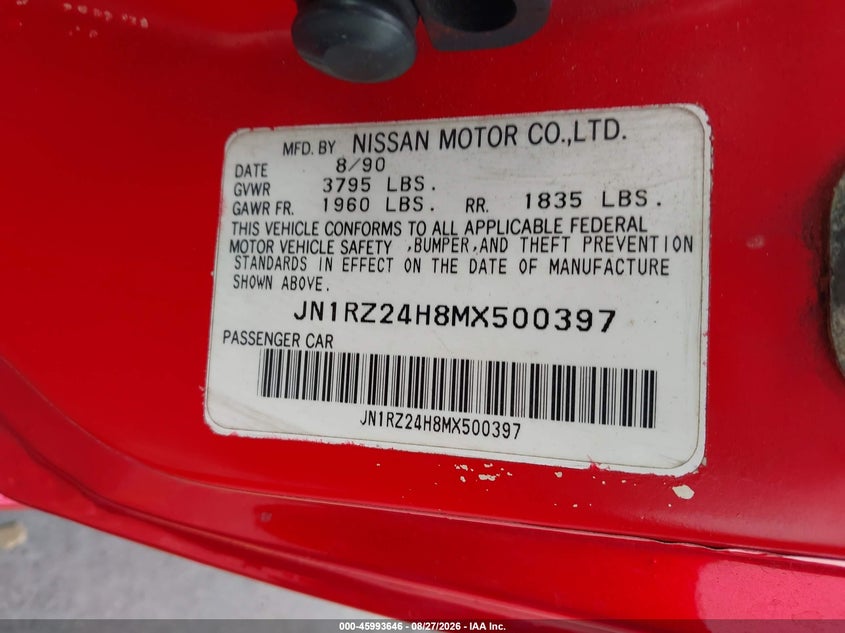 NISSAN 300ZX 1991 VIN JN1RZ24H8MX500397