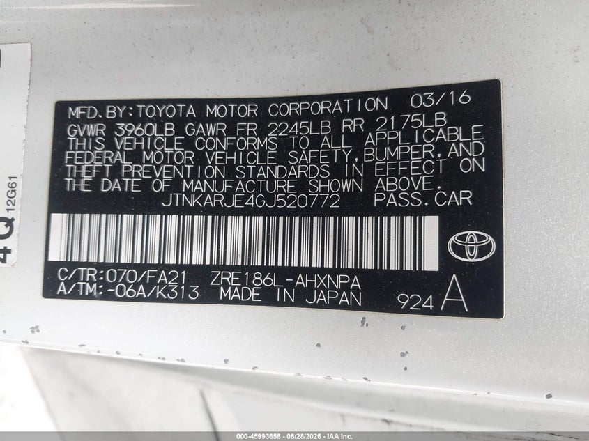 TOYOTA SCION IM 2016 VIN JTNKARJE4GJ520772