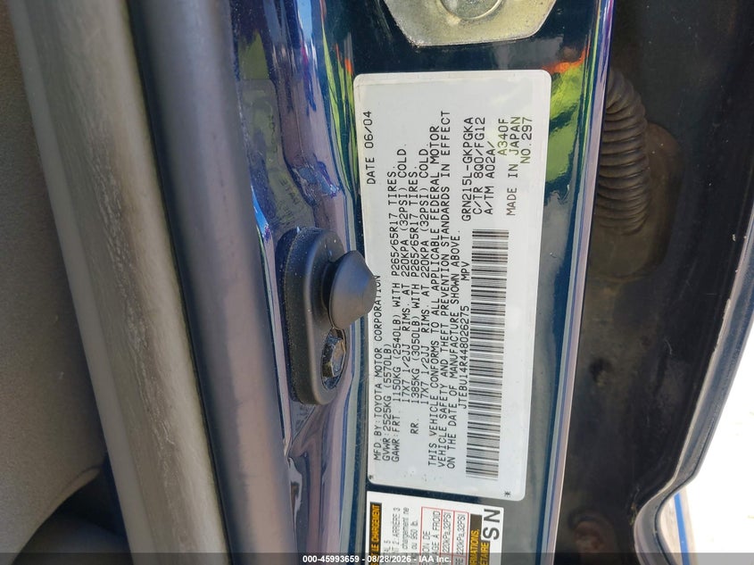 TOYOTA 4RUNNER 2004 VIN JTEBU14R448026275