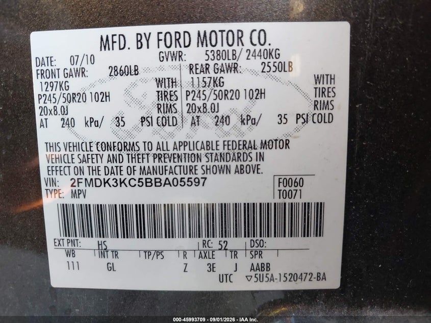 FORD EDGE 2011 VIN 2FMDK3KC5BBA05597