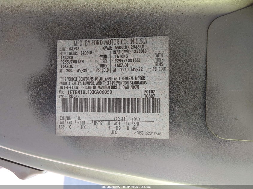 FORD F-150 1999 VIN 1FTRX18L1XKA06850