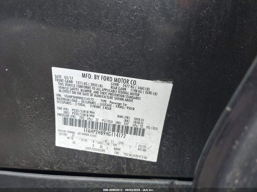 FORD TAURUS 2017 VIN 1FAHP2H89HG114172