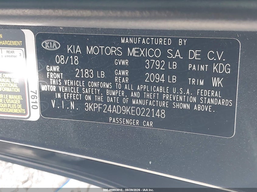KIA FORTE 2019 VIN 3KPF24AD9KE022148