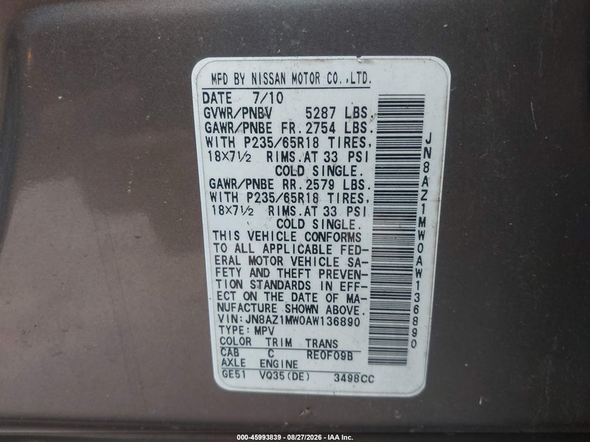 NISSAN MURANO 2010 VIN JN8AZ1MW0AW136890
