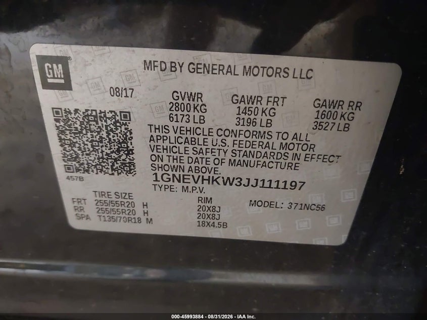 CHEVROLET TRAVERSE 2018 VIN 1GNEVHKW3JJ111197