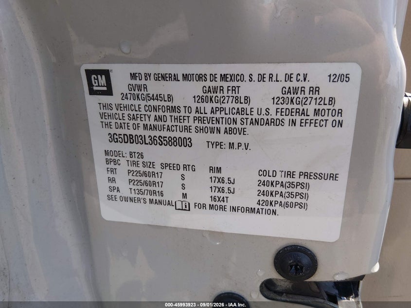 BUICK RENDEZVOUS 2006 VIN 3G5DB03L36S588003