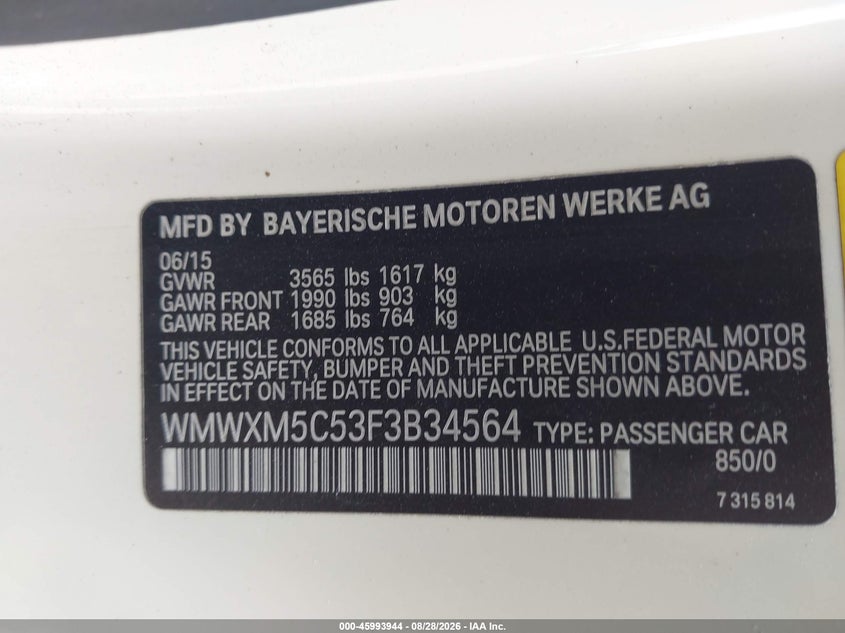 MINI HARDTOP 2015 VIN WMWXM5C53F3B34564