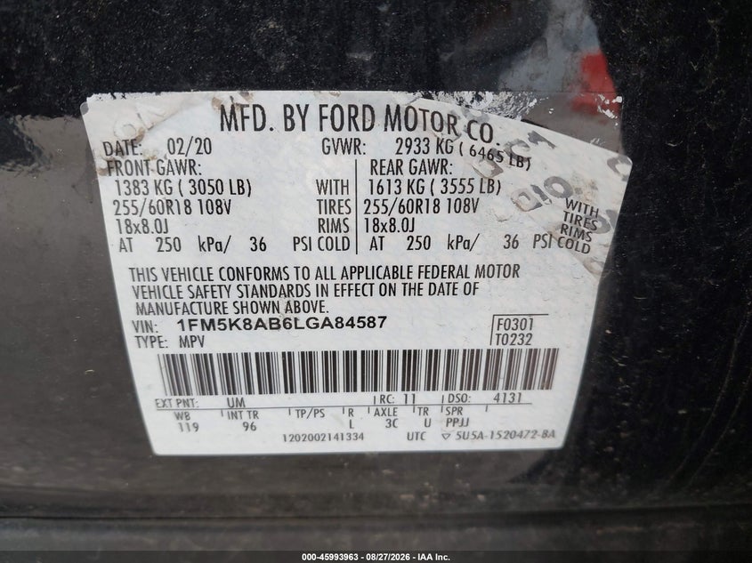 FORD POLICE INTERCEPTOR UTILITY 2020 VIN 1FM5K8AB6LGA84587