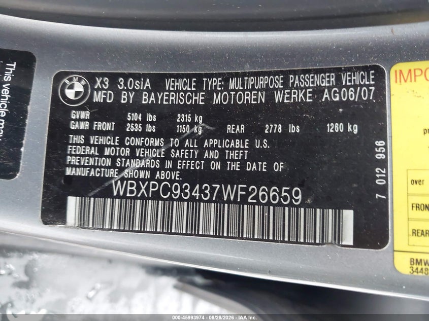 BMW X3 2007 VIN WBXPC93437WF26659