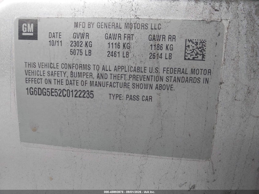 CADILLAC CTS 2012 VIN 1G6DG5E52C0122235