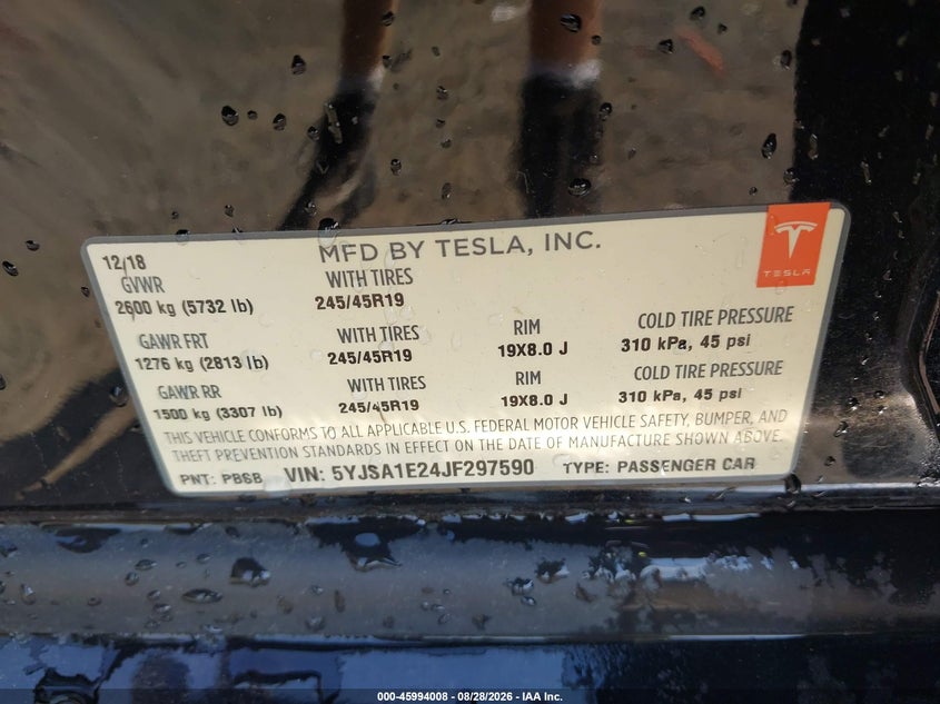 TESLA MODEL S 2018 VIN 5YJSA1E24JF297590