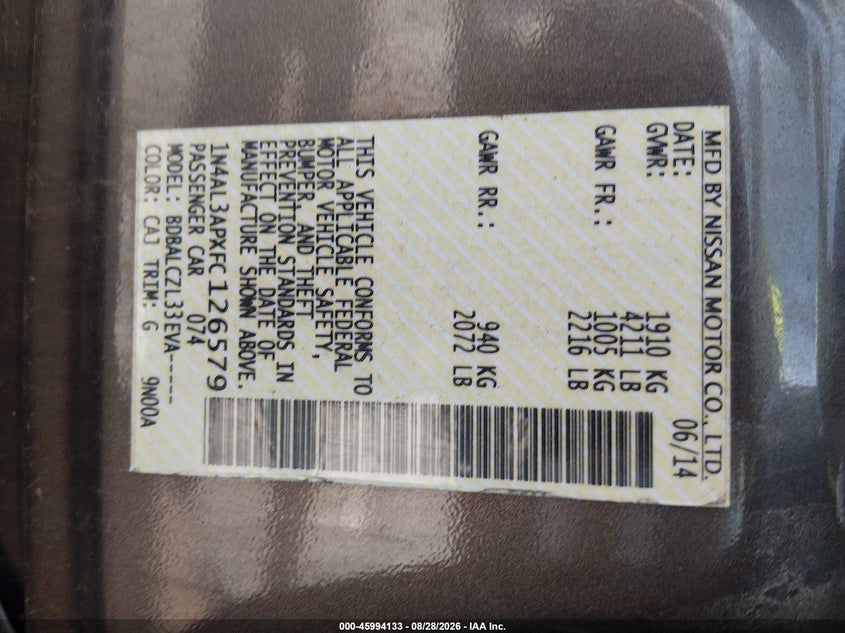 NISSAN ALTIMA 2015 VIN 1N4AL3APXFC126579