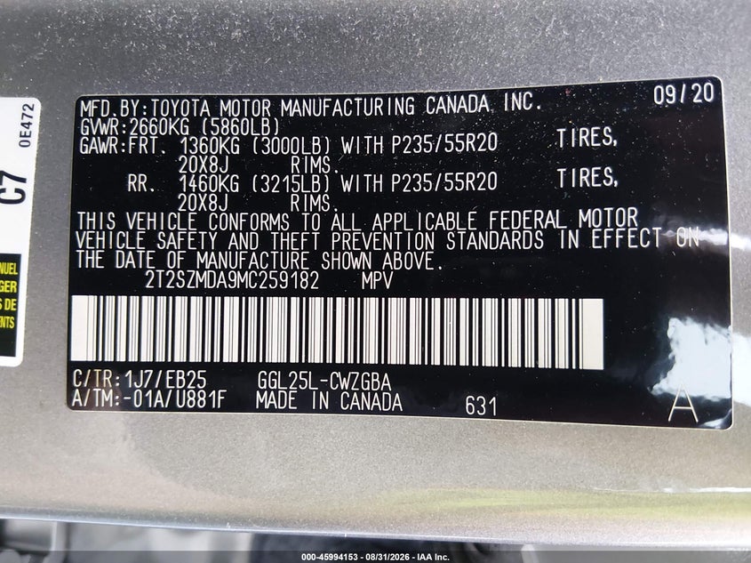 LEXUS RX 350 2021 VIN 2T2SZMDA9MC259182