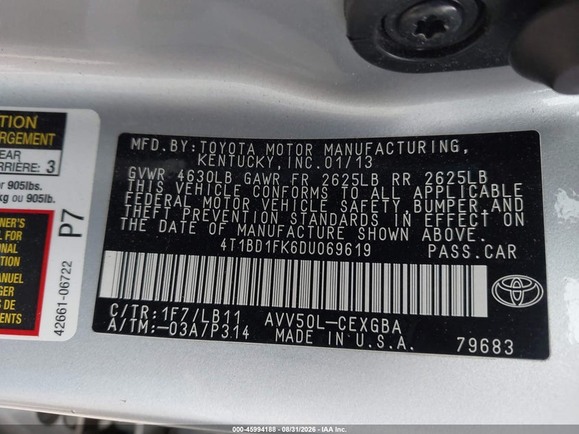 TOYOTA CAMRY HYBRID 2013 VIN 4T1BD1FK6DU069619