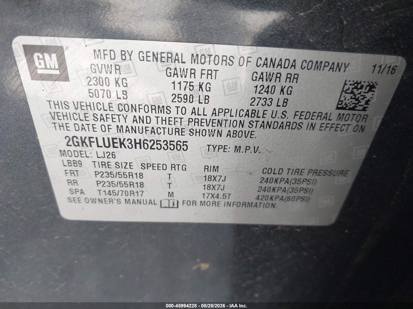 2017 GMC TERRAIN SPORT UTILITY VEHICLE 2.4L I-4 DI, DOHC, VVT, REGULAR , 182HP