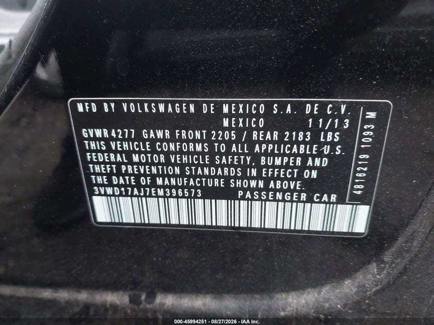 VOLKSWAGEN JETTA 2014 VIN 3VWD17AJ7EM396573