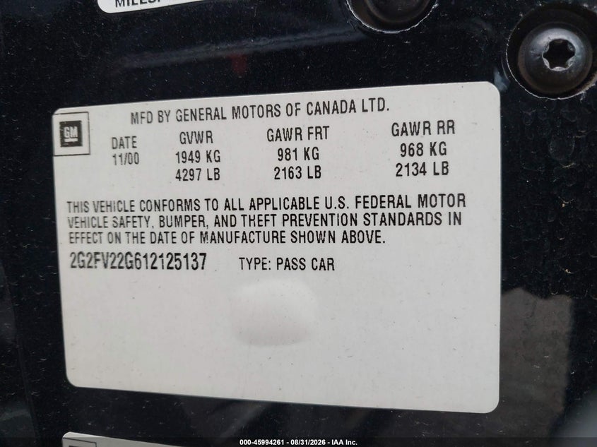 PONTIAC FIREBIRD 2001 VIN 2G2FV22G612125137