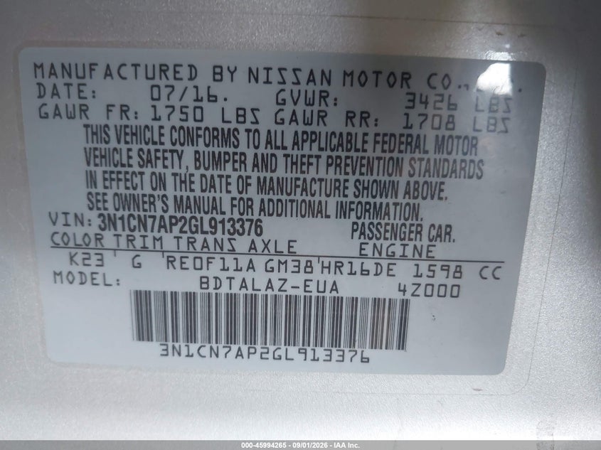 NISSAN VERSA 2016 VIN 3N1CN7AP2GL913376
