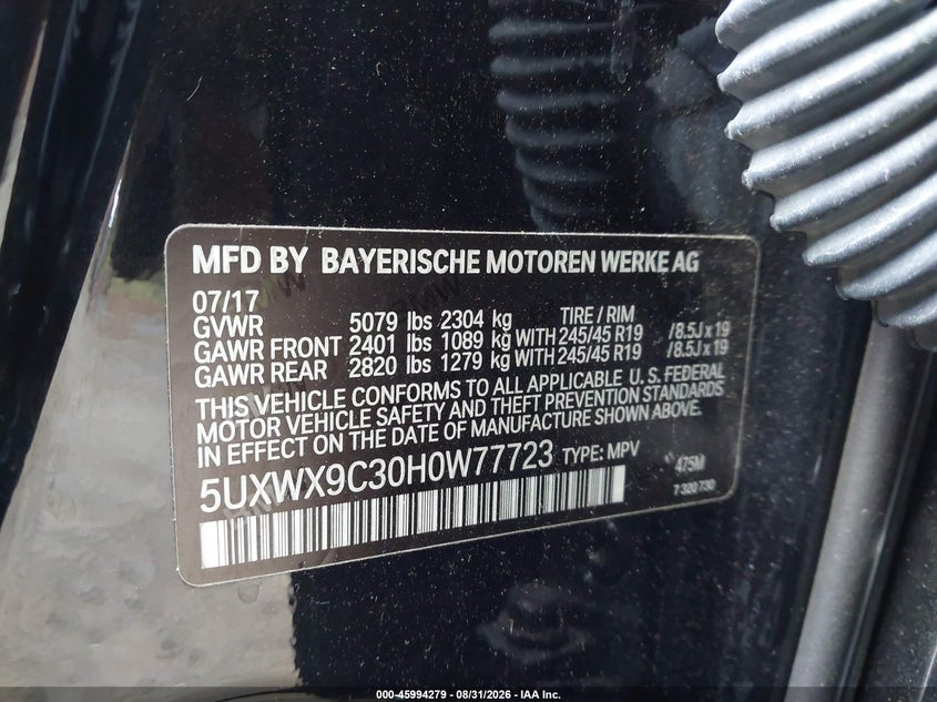 BMW X3 2017 VIN 5UXWX9C30H0W77723