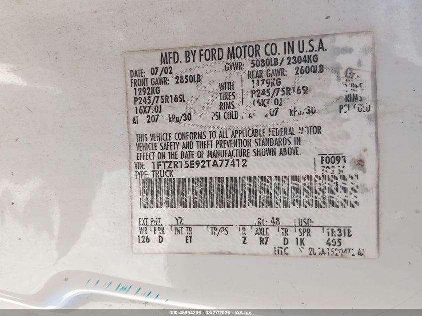 2002 FORD RANGER PICKUP 4.0L V-6 REGULAR , 207HP