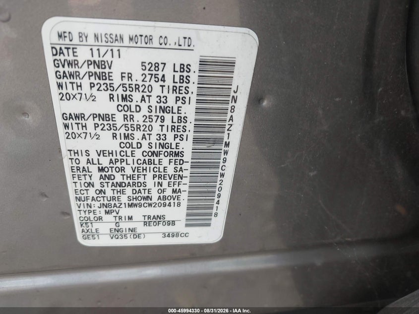 NISSAN MURANO 2012 VIN JN8AZ1MW9CW209418