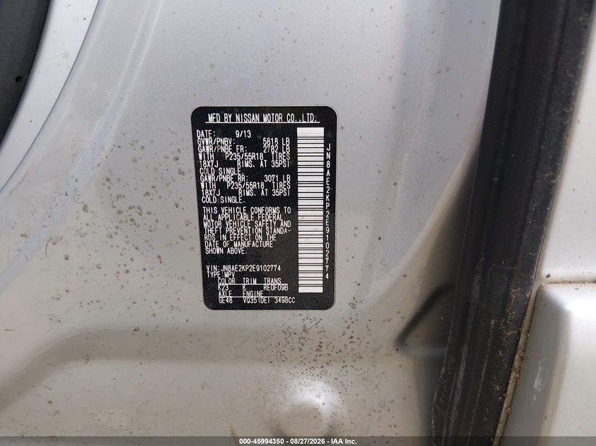 NISSAN QUEST 2014 VIN JN8AE2KP2E9102774