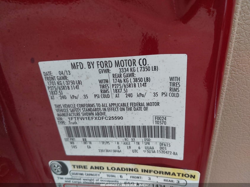 FORD F150 2013 VIN 1FTFW1EFXDFC25590
