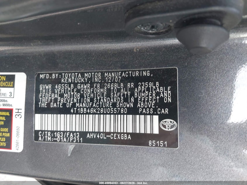 TOYOTA CAMRY HYBRID 2008 VIN 4T1BB46K28U055780