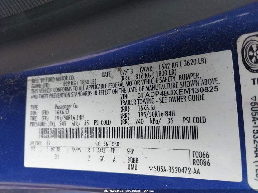 FORD FIESTA 2014 VIN 3FADP4BJXEM130825