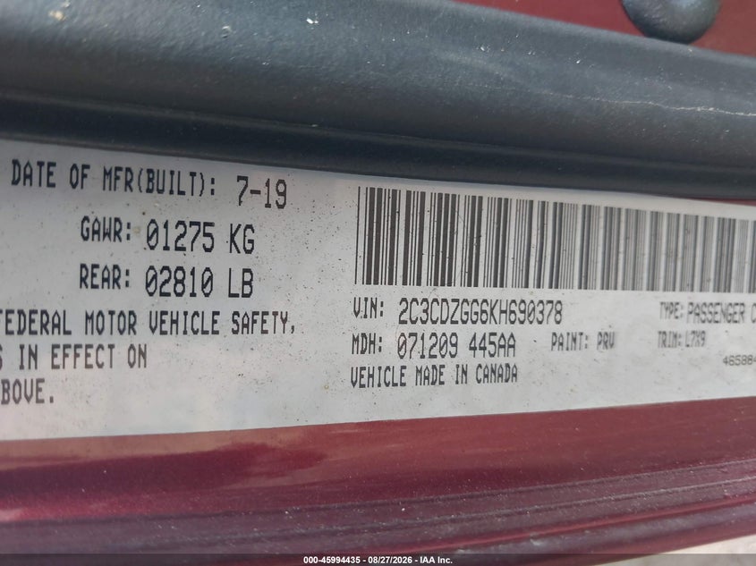 DODGE CHALLENGER 2019 VIN 2C3CDZGG6KH690378