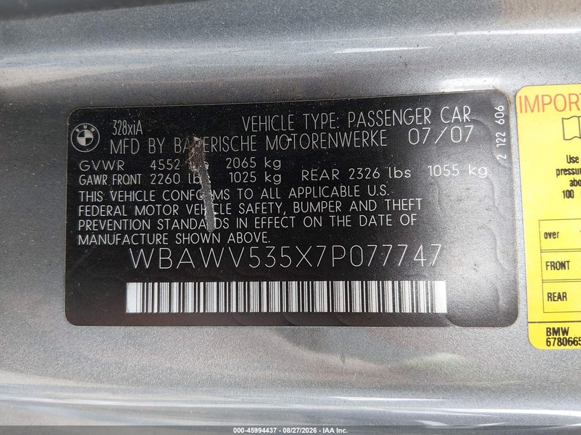 2007 BMW 3ER COUPE 3.0L I-6 DOHC, VVT, PREMIUM , 230HP