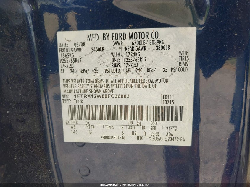FORD F-150 2008 VIN 1FTRX12W88FC36883