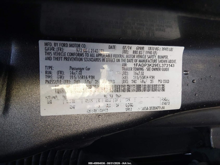 FORD FOCUS 2014 VIN 1FADP3K29EL373143